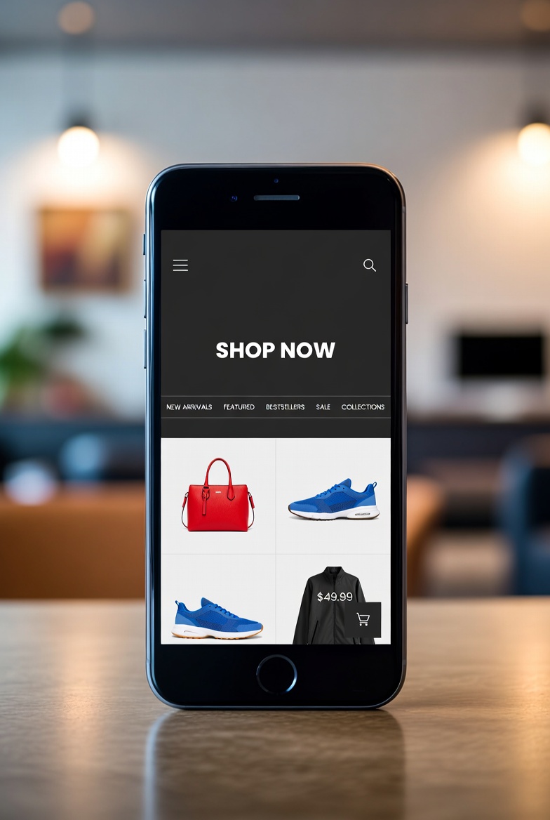 Mobile Ansicht des Shops auf einem Smartphone mit dunklem Hero und Produktkarten