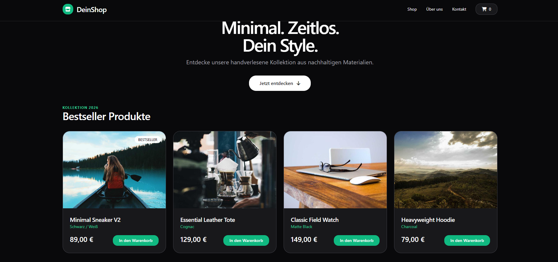 Vollständige Shop Startseite mit dunklem Hero und vier Produktkarten