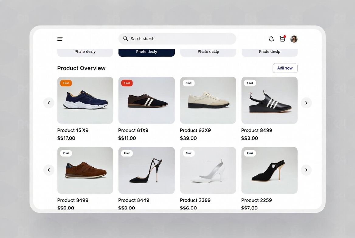 Produktübersicht mit mehreren Schuhen in einem sauberen Grid-Layout
